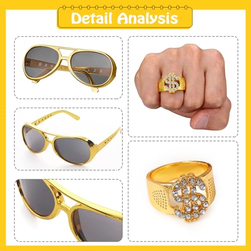 JurciCat 5 pièces Hip Hop Dollar Chain & Ring Bling Bling Gold Chain Lunettes Déguisement Americain Année 80 90 Tenue Hommes Accessoires Carnaval Costume – vue 4