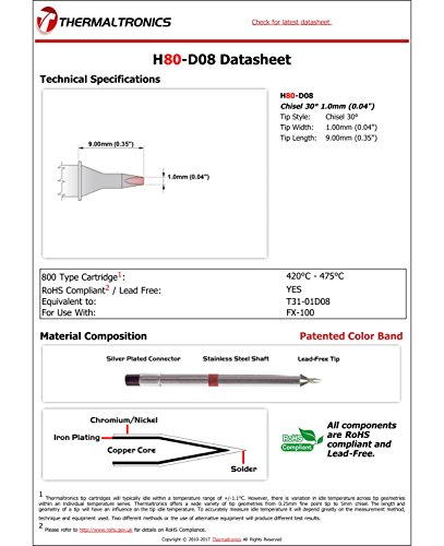 Image of Thermaltronics H80-D08 Chisel 30deg 1.0mm (0.04in) interchangeable for Hakko T31-01D08