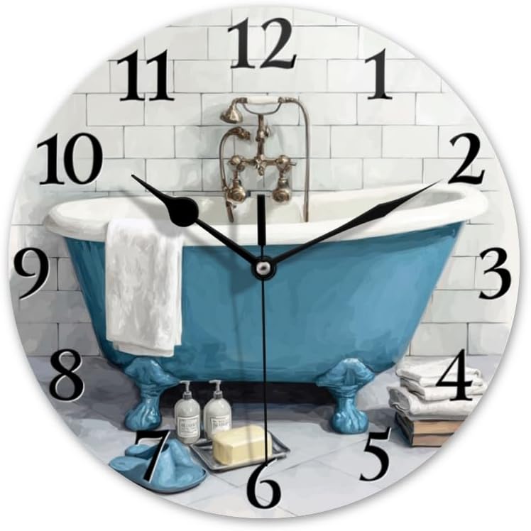 Bathroom Wall Clock Battery Operated Silent Non-Ticking Round 16in Vintage Blue Bathtub Clock Decorative for Home Bathrooms,Living Rooms(Blue)