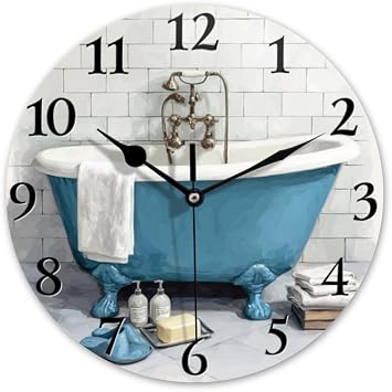 Bathroom Wall Clock Battery Operated Silent Non-Ticking Round 10in Vintage Blue Bathtub Clock Decorative for Home Bathrooms,Living RoomsBlue