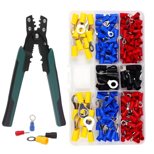 Set de pinces à sertir avec fonction de cliquet, pince à sertir professionnelle pour connecteurs isolés de 0,5–6 mm², 200 pièces de cosses de câble en 8 modèles, pince à câble ergonomique pour travaux