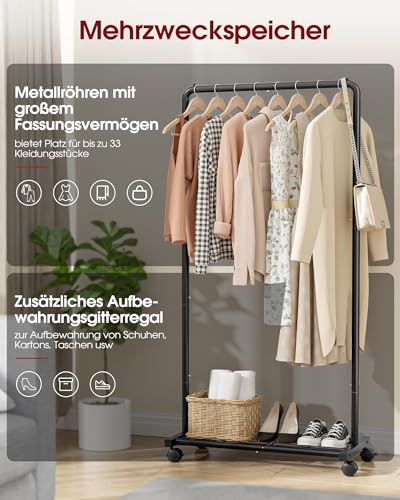 Sakugi Kleiderständer - Kleiderständer auf Rollen, Kleiderstange mit Aufbewahrungsgitter, Robuster Metall-Garderobenständer für Kleider, Kleider, Pullover, Mäntel, Clothes Rack (Schwarz, Mittel)