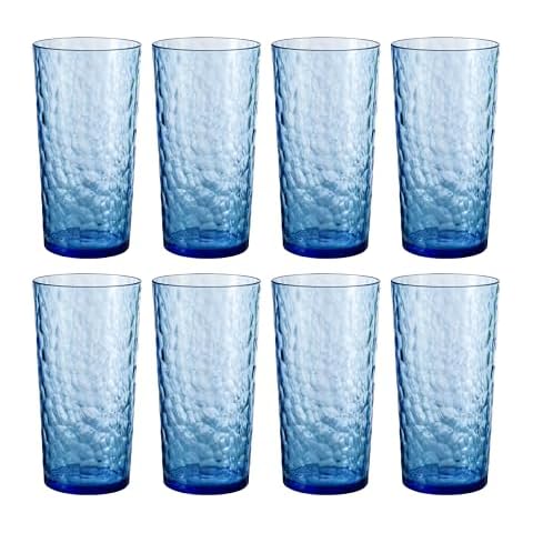 ZAINCA 24-ounce Plastic Tumblers, Acrylic Drinking Glasses High-Balls, set of 8 Blue, Reusable Plastic Cups, Hammered Style Stackable, BPA-Free, Shatter-Proof, Dishwasher-Safe Cover