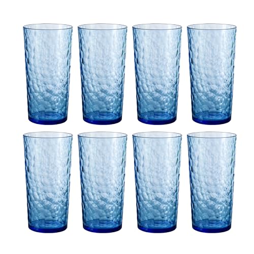 ZAINCA 24-ounce Plastic Tumblers, Acrylic Drinking Glasses High-Balls, set of 8 Blue, Reusable Plastic Cups, Hammered Style Stackable, BPA-Free, Shatter-Proof, Dishwasher-Safe