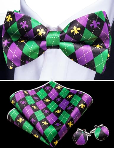 Image of YOHOWA Mens Bow Tie Paisley Coloful Pre-tied Bowties Handkerchief Cufflinks