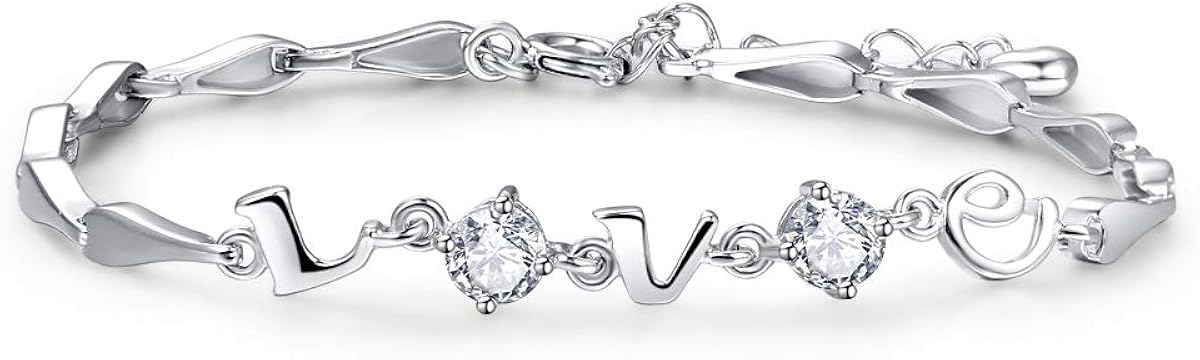 AVECON Womens Birthstone Bracelet Letter LOVE 925 Sterling Silver White Gold Plated Cubic Zirconia CZ Adjustable Link Chain