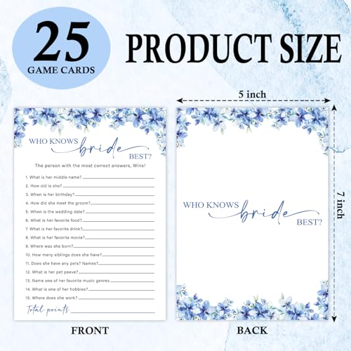 Image of Who Knows The Bride Best Games, 25 Blue Floral Wedding Shower Game Cards Set, Engagement Party Game for Guests, Wedding Games for Reception, Minimalist Marriage Party Supplies-09