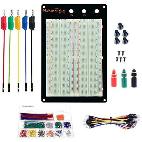 Makeronics Solderless 1660 Breadboard Complete Kit - 1660 Tie-Points Experiment Plug-In Breadboard With Aluminum Back Plate+5Pcs Banana Plug To Jumper Wires(Male)+560 U-Shape Wires+65 Pcs 24Awg Jumper #TOP5