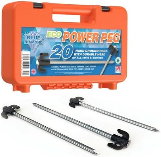Blue Diamond POWER Pegs Hard Ground Tent & Awning Pegs x 20 With Plastic Storage Case