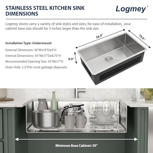 Logmey 36 Inch Undermount Kitchen Sink - 36x19 SS304 Stainless Steel Sink 16 Gauge Single Bowl Handmade Kitchen Sinks with Assembly by Logmey - Used condition - Image 4
