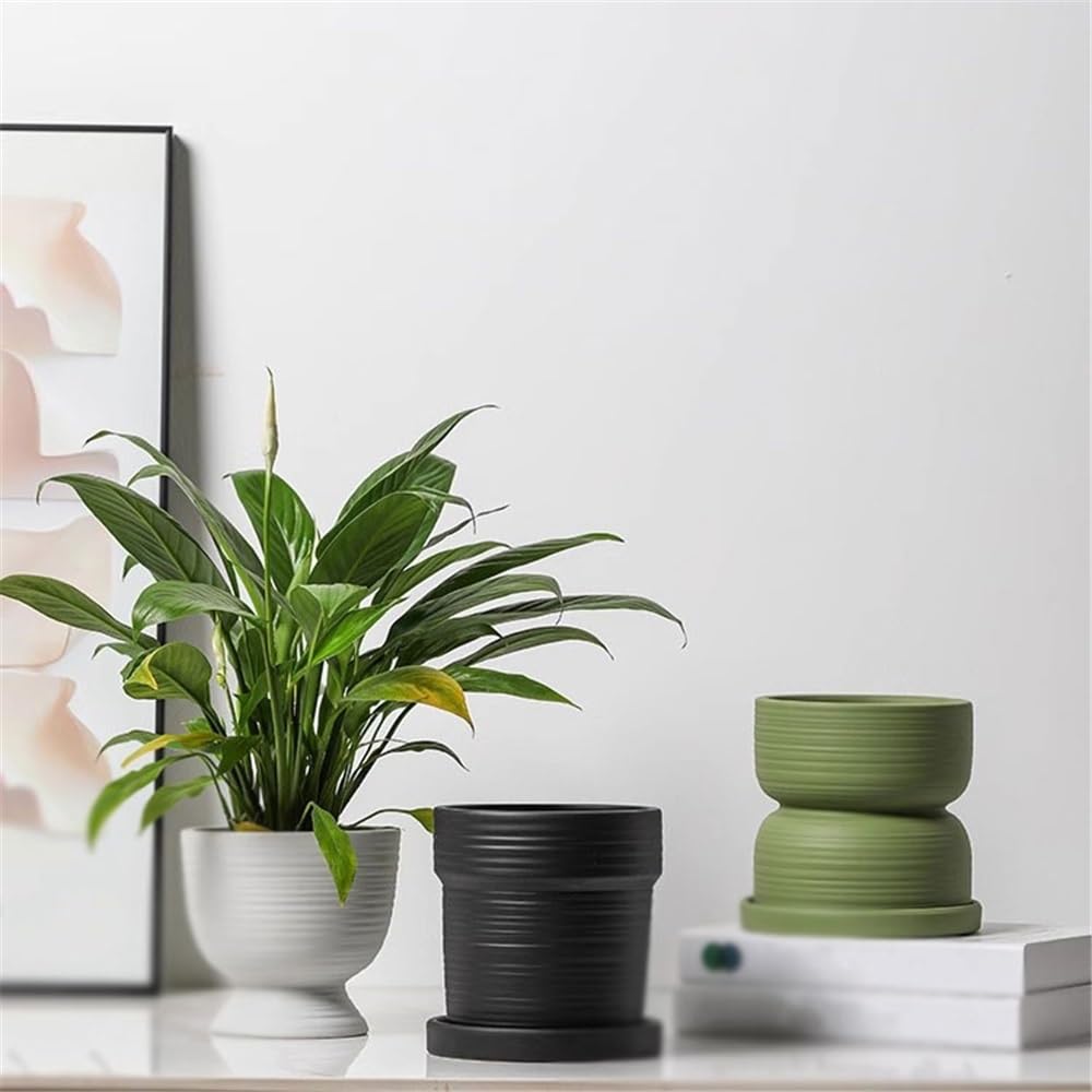 Doniczka na rośliny, zielona ceramiczna doniczka na kwiaty, okrągła donica z poziomymi paskami, ze spodkami, tacą i otworami drenażowymi, pojemnik na rośliny, na balkon, do salonu, kuchni
