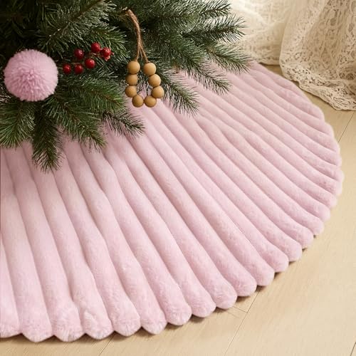 AtiMing Lilac Pink Faux Fur Christmas Tree Skirt Large 48 Inch, Soft Plush Striped Design Xmas Tree Skirt for Holiday Decor, Winter Party, and Festive Home Decorations - 122cm