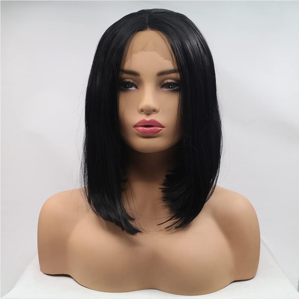 xiweiyaSilky Straight Short Bob Wigs For Black Women Black Color Short Haircut Synthetic Lace Front Wigs Middle Part Heat Resistant Fiber Hair 14"