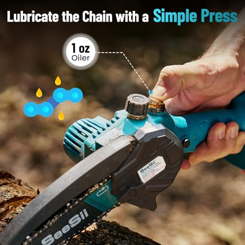 Seesii Mini Motosega a Batteria per Potatura con 8000mAh Batterie, 900W 6 Pollici Sega a Batteria per Potatura con Pompetta Olio, Motosega Elettrica a Batteria per il Taglio del Legno Giardini - Immagine 3