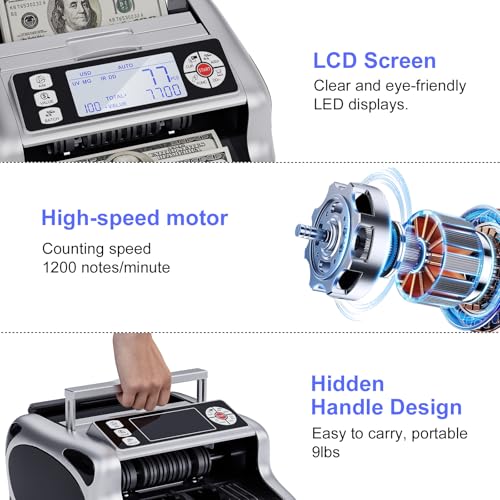 Money Counter Machine, Pro Counterfeit Money Detector UV/MG/IR/DD/VI/FA for Dollars, Euros Value Count with Backlit LCD Display, Add/Batch/Auto/Manual Modes Money Counting Machine by Aocktobar - Image 3