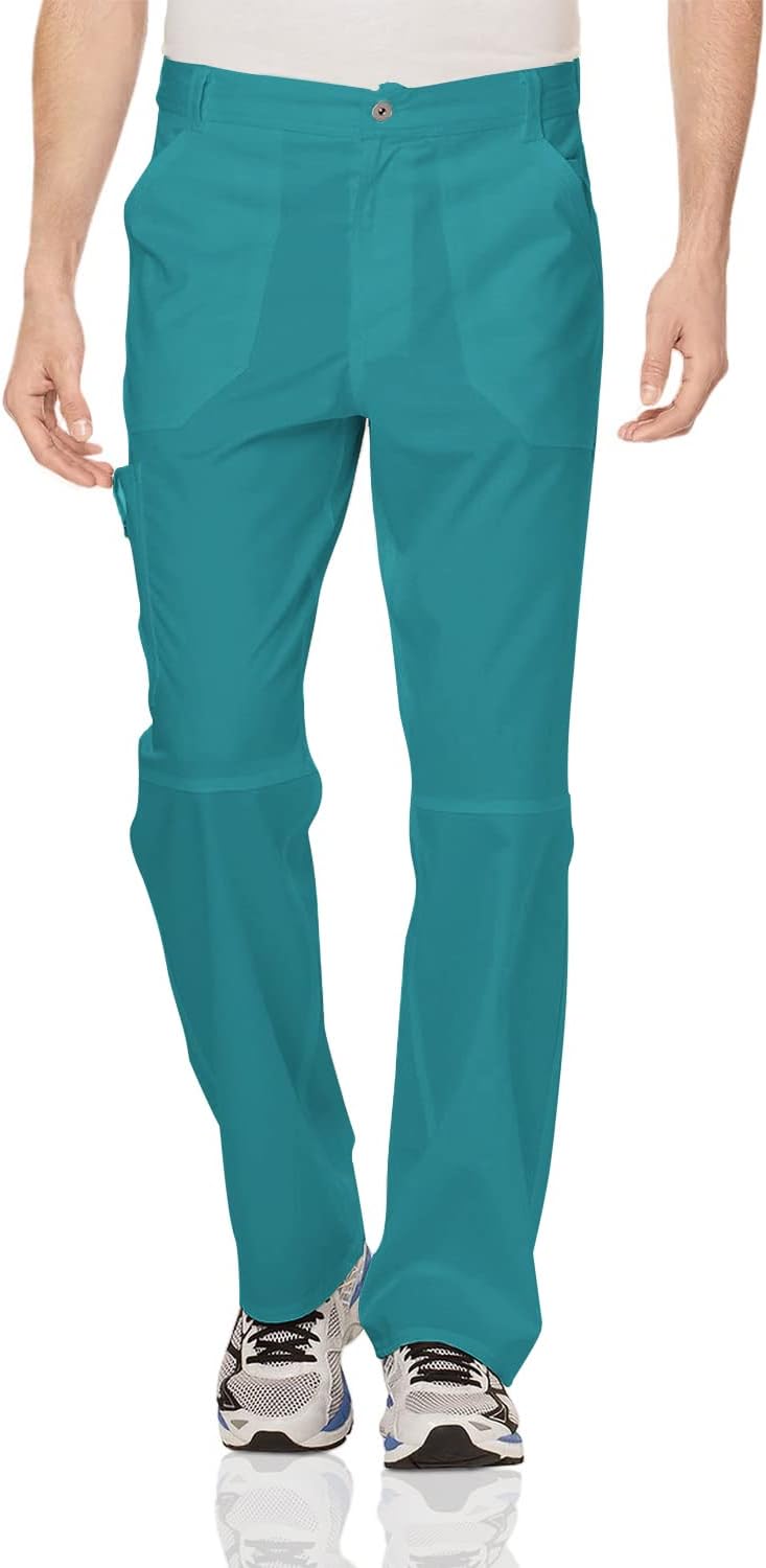 Cherokee Men Scrubs Set Workwear Revolution WW690 Tuckable V-Neck Top & WW140 Fly Front Pant, Teal Blue- L Top/L Pant
