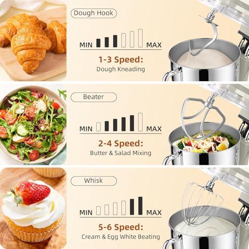 Babroun Dough Mixer 8.45 QT Electric Mixer - 660W 6 Speed Large Capacity Kitchen Stand Mixer with Whisk Dough Hook Mixing Beater Household Food Mixer for Baking Cakes Cookie Bread Salad(White) by BABROUN - Image 2