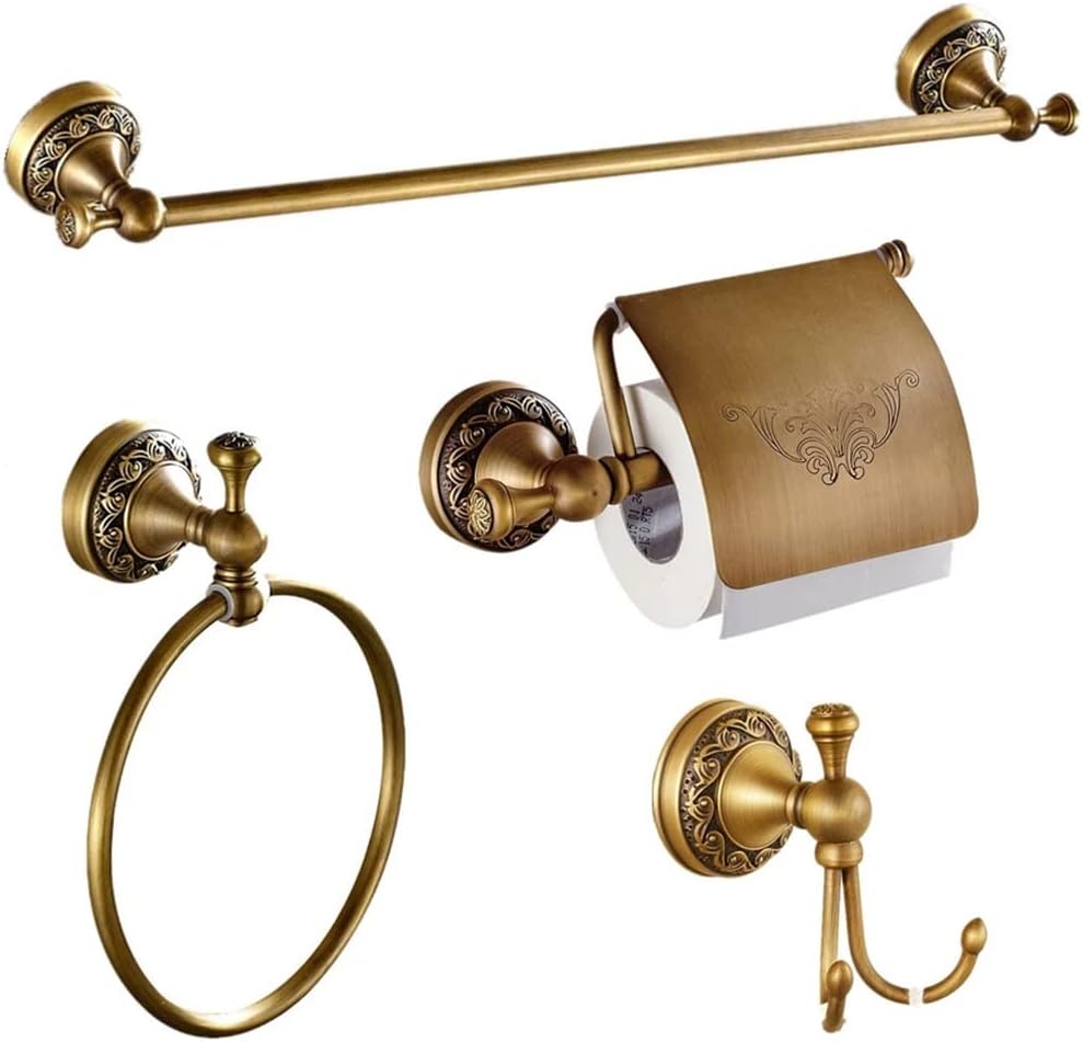 LSLYTQ Antique Solid Brass Brushed European Carved Bath Accessories Set 4 Pieces, Towel Ring Hook Paper Holder Towel Rack
