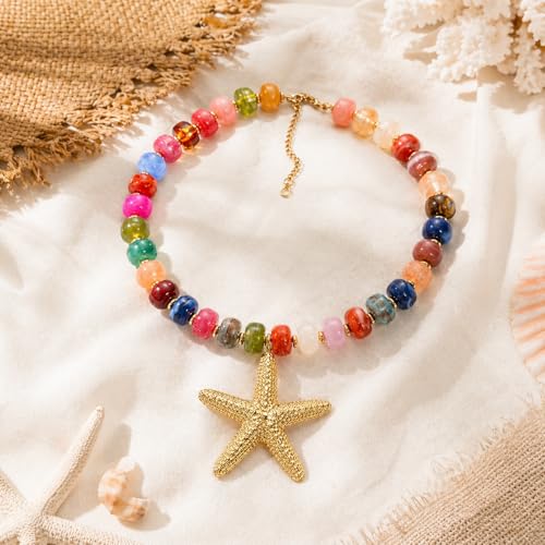 KONPJE Chunky Beaded Starfish Shell Necklace for Women Gold Seashell Star Beaded Necklace Colorful Star fish Statement Necklace Summer Beach Jewelry Gifts (Starfish-Colorful) by KONPJE - Used condition - Image 5