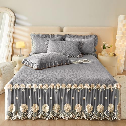 Fzigenle ベッドスカート 2点枕カバー カラーb05 フランネル キルティング 中綿 上品 A180*200 厚め 姫系 レース ベッドカバー 秋冬 暖かい フリル 姫系 柔らか ダブル マットレスカバー 中綿ベッドスカート 静電気防止 洗える き