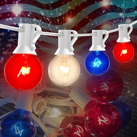 Bokoiuu 25FTG40 4th of July String Lights Comes with 25 Edison Waterproof Bulbs and 2 Spare Bulbs for Independence Day, Memorial Day, Commercial Grade Patio Lights, Garden or Patio Decor, White Cord Cover