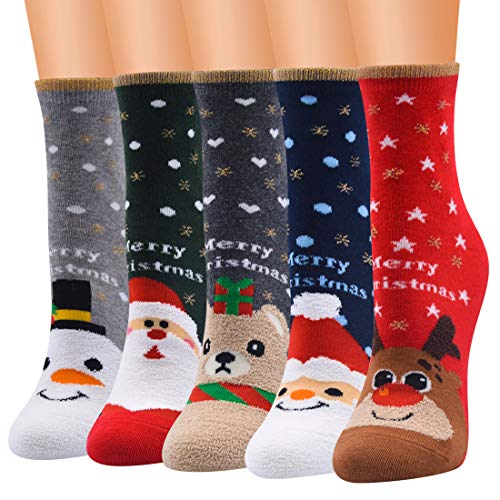 5 Pairs Womens Fuzzy Fluffy Christmas Socks Warm Winter Cozy Soft Crew Socks Slipper Home Sleeping Cute Animal Socks