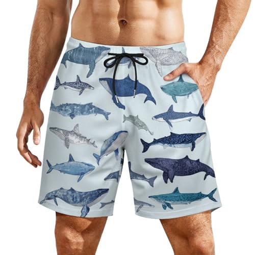 Watercolor Whales Dolphins and Shark Mens Swim Trunks Quick Dry Beach Shorts with Compression Liner and Pocket