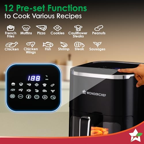 Image of Wonderchef Evita Digital Air Fryer, 1350W, 5 L, Rapid Hot Air Technology, 8 Pre-set Menus, Non-stick Basket, In-built Memory, Customised Time & Temperature Control, Fry, Bake, Grill, 2-Yr Warranty