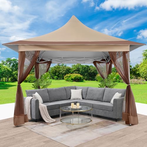 Image of COBIZI 12x12 Pop Up Gazebo with Mosquito Netting,Peaked Roof Canopy,Khaki