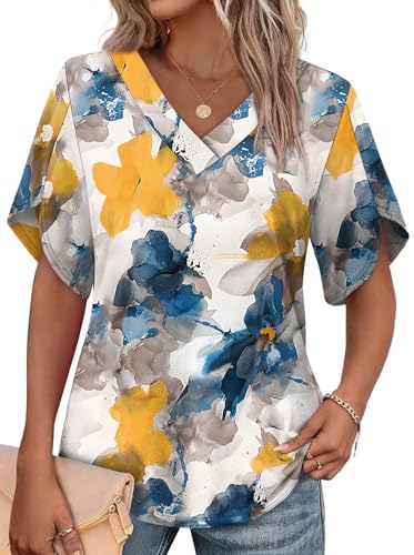 Image of WIHOLL Womens Summer Tops Short Petal Sleeve Shirts Fashion V Neck Womens Clothing