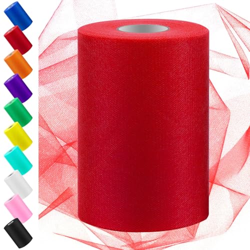 Swpeet 6 Inch by 100 Yards Bright Red Tulle Fabric Roll, Fabric Spool Tulle Ribbon, Netting Polyester Spool Ideal for DIY Handmade Birthday Party Wedding Decorations Christmas Craft Supplies