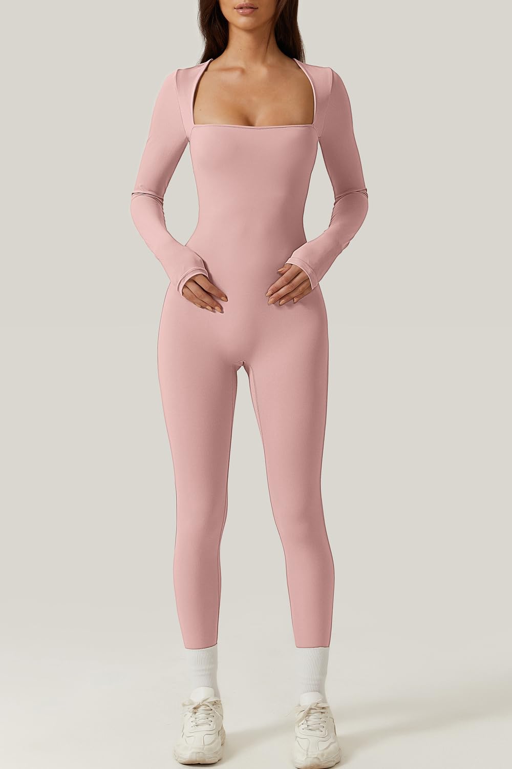 QINSEN Womens Sexy Square Neck Long Sleeve Full Length Leggings Bodycon Stretch Jumpsuit - Image 3