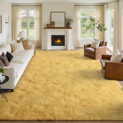 FinRèc 9x12 Feet Yellow Rugs for Living Room Bedroom, Soft Fluffy Shaggy Area Rug, Non-Slip Fuzzy Furry Shag Rug for Nursery Kids Room Dorm Room Home Decor, Indoor Plush Floor Carpet
