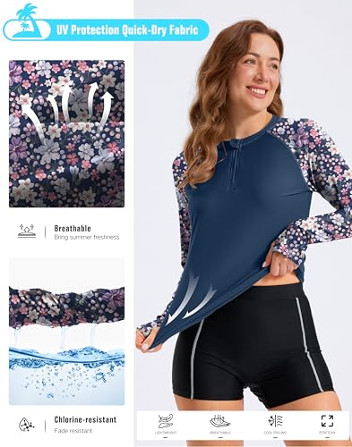 Viodia Womens Swim Shirt UPF50+ Rash Guard Long Sleeve Swimsuit Top Sun Protection Shirts Bathing Suit with Zipper Purple Flower M — view 6