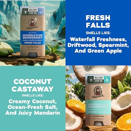 Dr. Squatch Invisible Glide Natural Deodorant – Smooth Glide with No Stains – Aluminum Free & Dermatologist-Tested Formula Suits Sensitive Skin – Fresh Falls + Coconut Castaway, 2.65oz (2-Pack) - 1