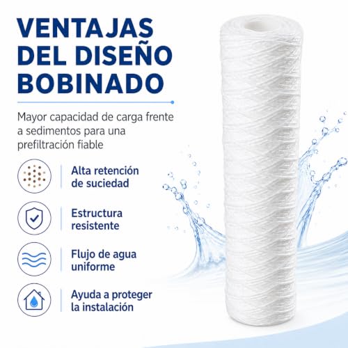 Miniatura 3 de Cartucho Sedimentos 50 Micras Bobinado Para Vaso 10 Estandar. Fabricado En Materiales Del Alto Rendimiento. Fácil Instalación Y Mantenimiento. Bbagua.