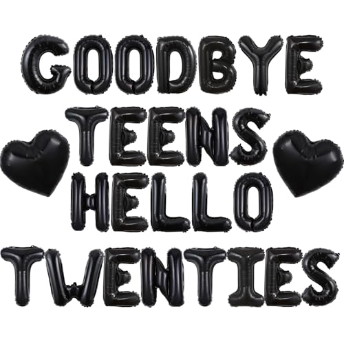 Wonmelody Goodbye Teens Hello Twenties Black Balloon Set – 16in Foil Letter Balloons with Heart Balloons for 20th Birthday Decorations – Stylish Party Decor for Her or Him Turning Twenty