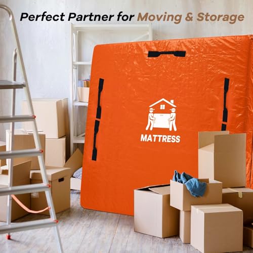 Image of Mattress Bags for Moving, BETU Mattress Protector Waterproof Mattress Cover Queen Size Storage Bags with 8 Heavy-Duty Handles and Zipper for Bed Extra Thick Large Reusable (82 inchx62 inchx15 inch Orange)