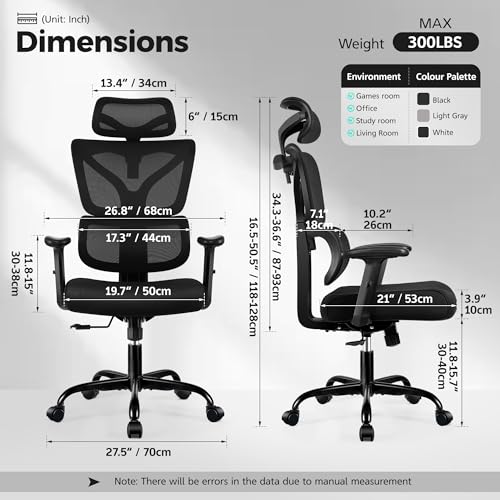 Ergonomic Office Chair High Back Desk Chair with Lumbar Support, Breathable Mesh Computer Chair with Adjustable Armrests Height, Reclining Swivel Big and Tall Gaming Chair for Home Office(Black)