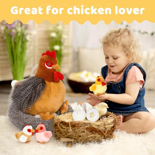 MorisMos 35cm hoch riesen Huhn Kuscheltier XXL mit 3 Babys im Nest, süß Küken mit Ei plüschtier stofftier,chickenteddy Geburtstag Weihnachten Geschenk für Kinder Baby-Hellbraun