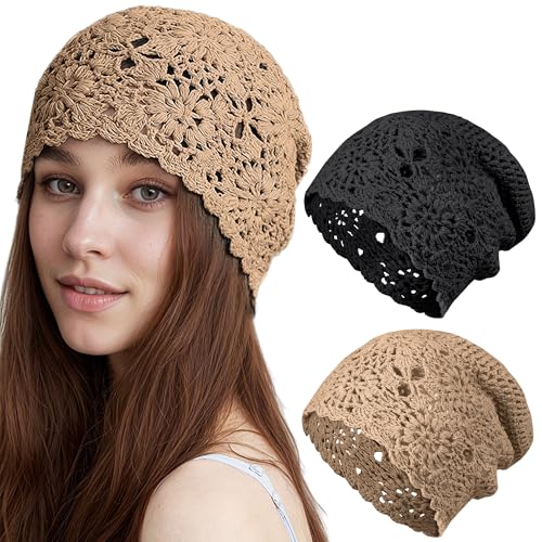 Ababalaya 2 PCS Women's Cotton Crochet Hat Boho Beanie Handmade Knit Skull Caps for All Seasons...