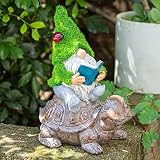 Ovewios Garden Gnome Sitting on Turtle Outdoor Statues and Sculpture with Solar Lights, Resin Garden