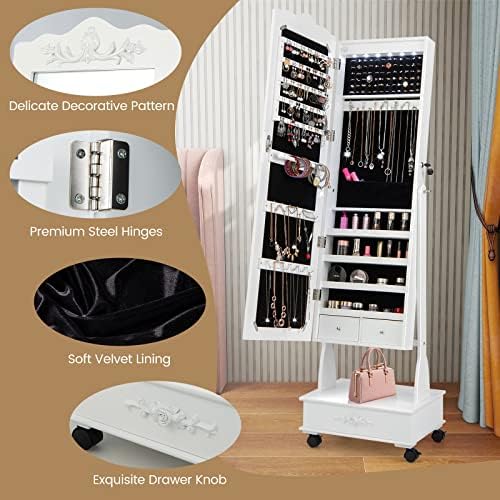 COSTWAY Mobile Jewelry Cabinet, 6 LED Lights Floor Standing Lockable Jewelry Armoire with Full Length Mirror, Drawer and Wheels, Adjustable Makeup Jewellery Organiser Storage Unit for Bedroom (White)