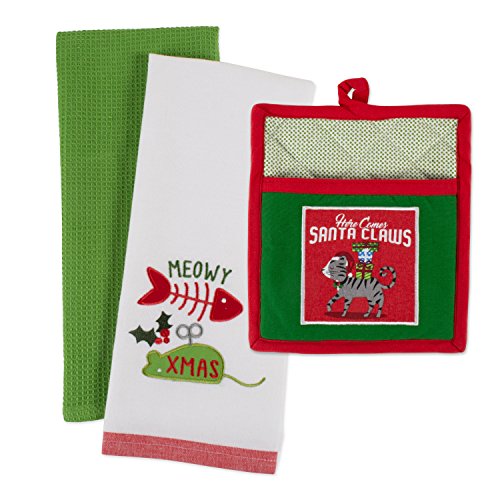 Dii Christmas Pets Collection Decorative Kitchen Towels For Dog And Cat Lovers, Dishtowel/Potholder Set, Santa Claws, 3 Count #TOP17