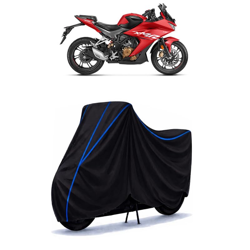 Image of Hero Karizma XMR Standard Bike Cover Water Resistant Universal Motorcycle Rain | Heavy Duty UV Protection, Dust, Scratch Indoor Outdoor All Weather with Black Blue Piping Elastic