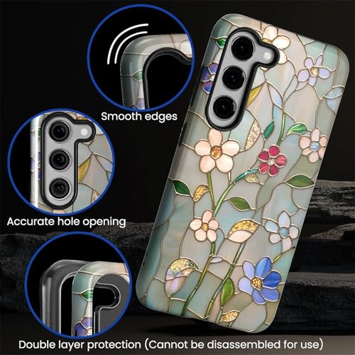 Wqwaxxc Compatible with Samsung Galaxy S23 Case,Glossy 2-in-1 Sleek All-Inclusive Dual-Layer Material Soft TPU + PC Back for Spring Floral Flower Stained Glass Mosaic Boho Botanical - image 3