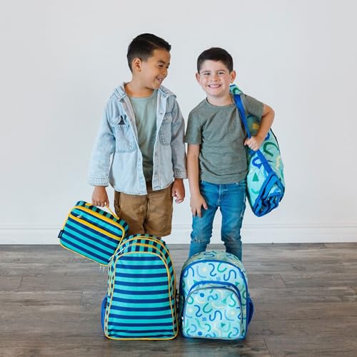 Image of Wildkin 15 Inch Backpack for Kids, Blue Stripes | Ages 5-10, padded straps, side water bottle pocket - coordinates with matching Wildkin lunch boxes