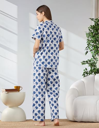 Image of Amazon Brand - Myx Women Cotton Shirt and Relaxed Pajama Set | Night Suit Set (Available in Plus Sizes)