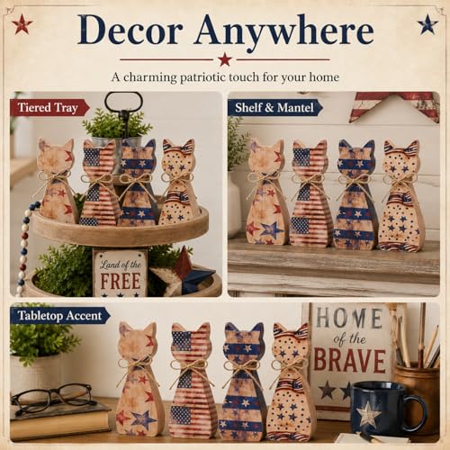 RattanView 4 Pcs 4th of July Table Decorations Vintage Patriotic Wooden American Cat Sign Memorial Day Tiered Tray Decor Cute Kitten Desktop Decoration for 250th Anniversary Home Office Shelf by RattanView - Image 6