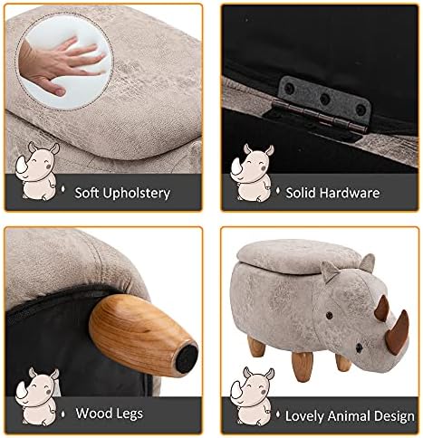 HOMCOM Rhino Storage Stool Cute Decoration Footrest Wood Frame Legs w/ Padding Lid Ottoman Animal Furniture Grey 36x70cm